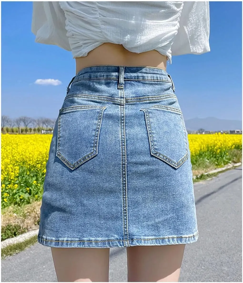 Women's Korean Denim Mini Skirts High Waist A-Line Skirts Vintage Side Split Hip Skirts