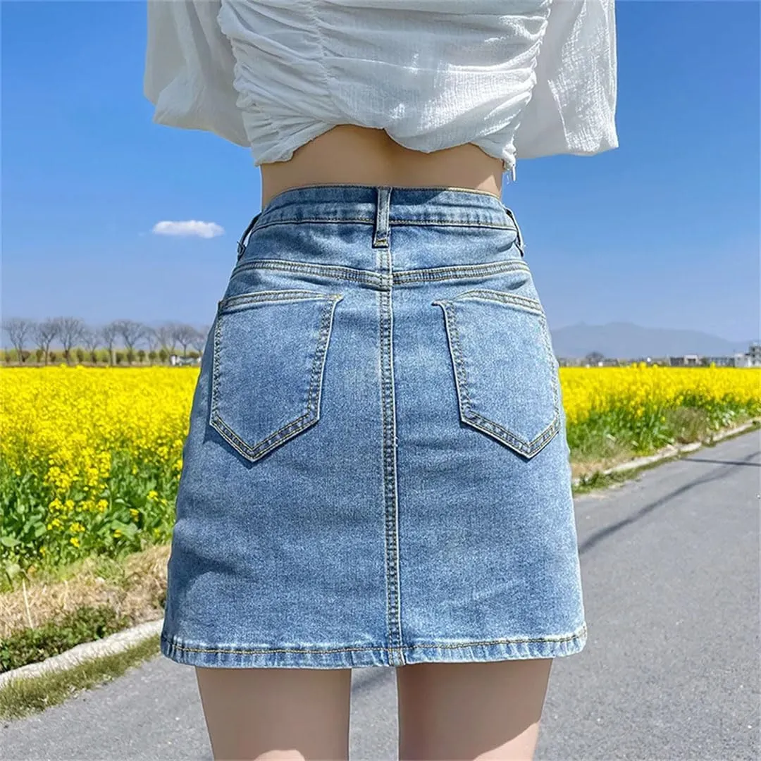 Women's Korean Denim Mini Skirts High Waist A-Line Skirts Vintage Side Split Hip Skirts