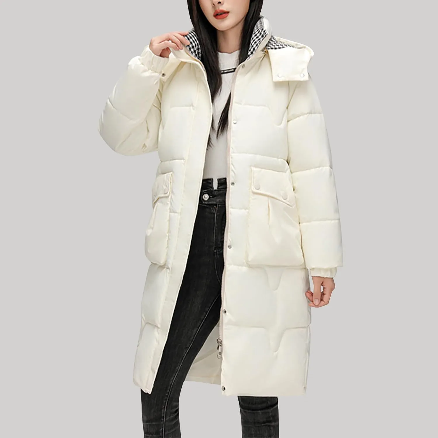 Women's Lightweight Puffer Down Jacket Thickened Winter Warm Stand Collar Long Hooded Coat Quilted Parkas with Pocket