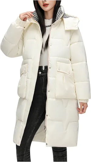 Women's Lightweight Puffer Down Jacket Thickened Winter Warm Stand Collar Long Hooded Coat Quilted Parkas with Pocket