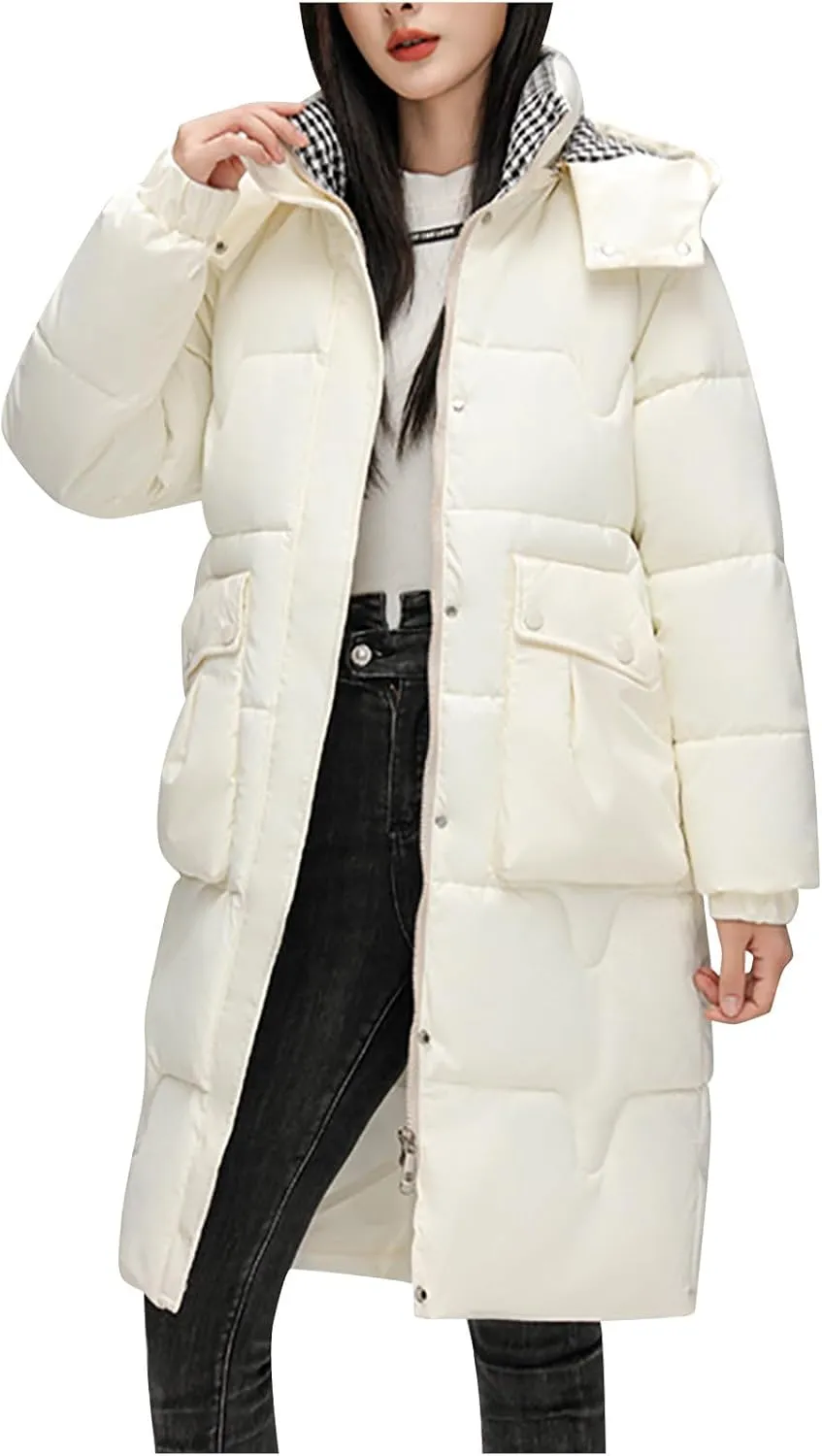 Women's Lightweight Puffer Down Jacket Thickened Winter Warm Stand Collar Long Hooded Coat Quilted Parkas with Pocket