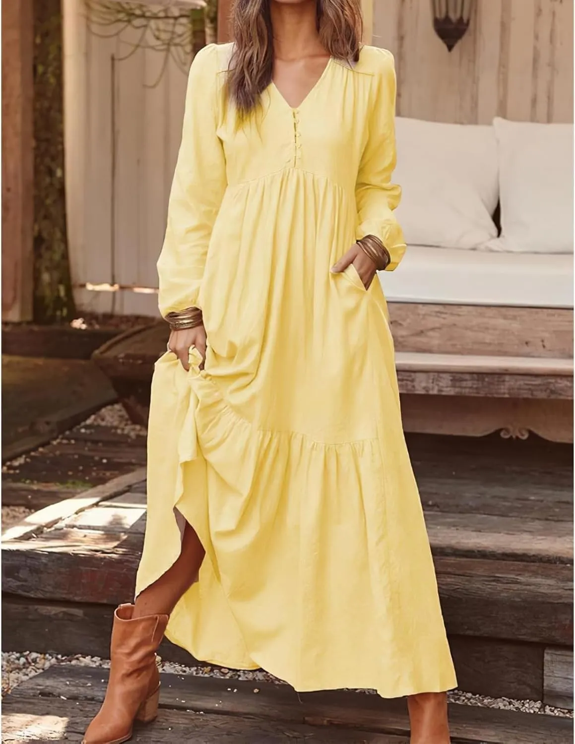 Women's Linen Maxi Dress Long Sleeve with Pockets Casual V-Neck Tiered Ruffle Dress Boho Beach Pleated Long Dress