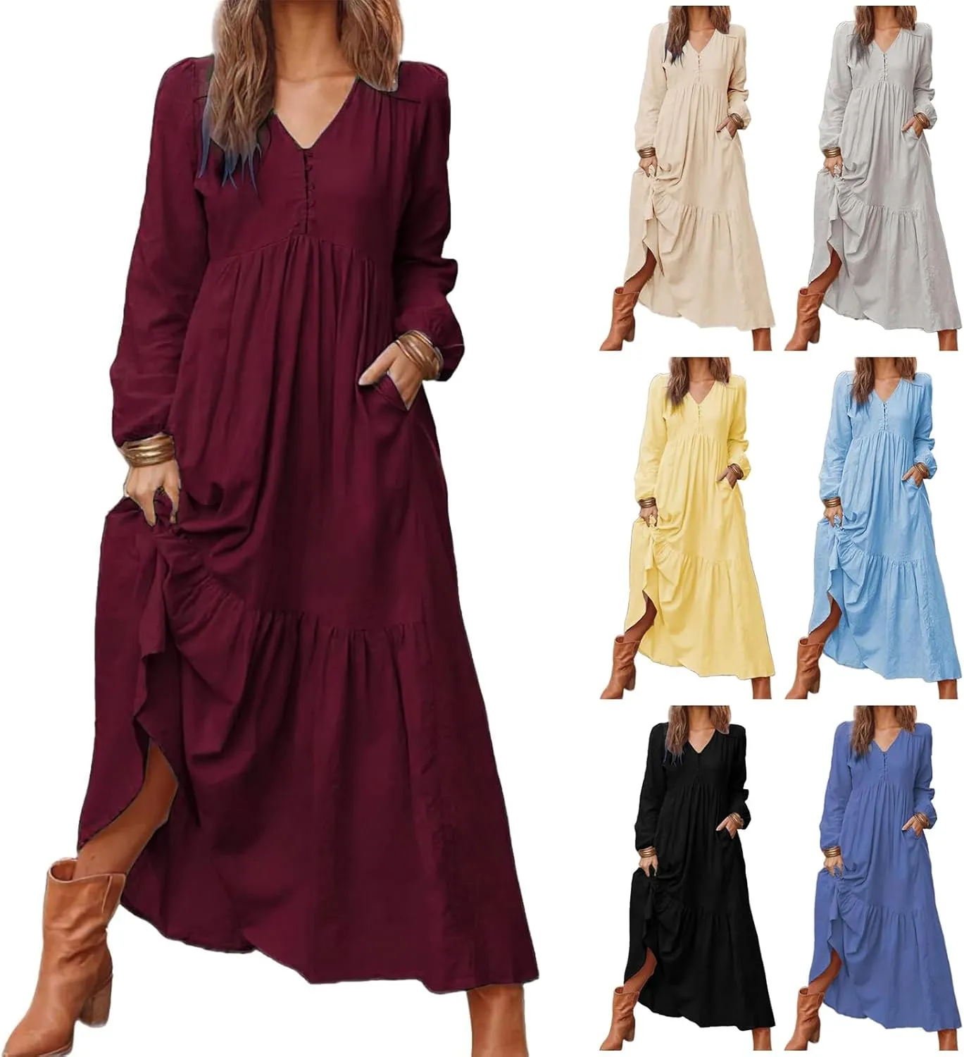 Women's Linen Maxi Dress Long Sleeve with Pockets Casual V-Neck Tiered Ruffle Dress Boho Beach Pleated Long Dress