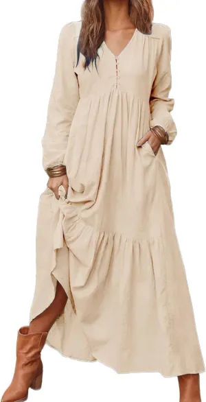 Women's Linen Maxi Dress Long Sleeve with Pockets Casual V-Neck Tiered Ruffle Dress Boho Beach Pleated Long Dress