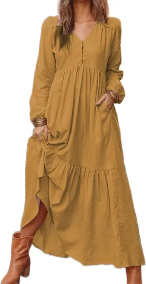 Women's Linen Maxi Dress Long Sleeve with Pockets Casual V-Neck Tiered Ruffle Dress Boho Beach Pleated Long Dress