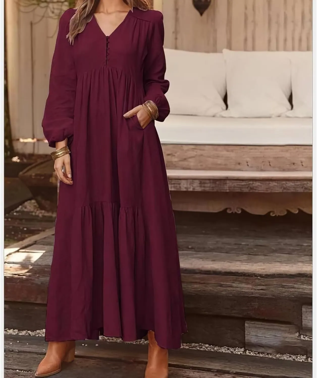 Women's Linen Maxi Dress Long Sleeve with Pockets Casual V-Neck Tiered Ruffle Dress Boho Beach Pleated Long Dress