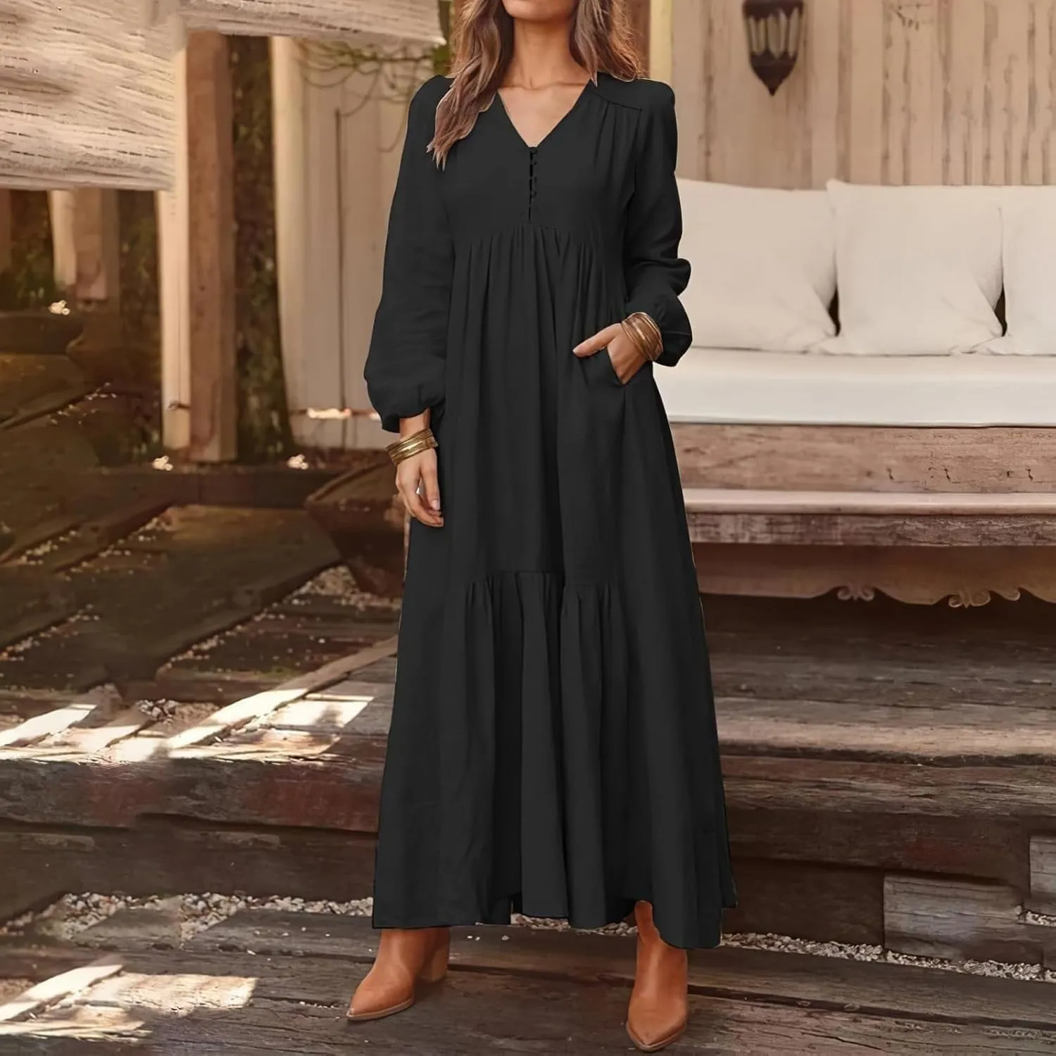 Women's Linen Maxi Dress Long Sleeve with Pockets Casual V-Neck Tiered Ruffle Dress Boho Beach Pleated Long Dress