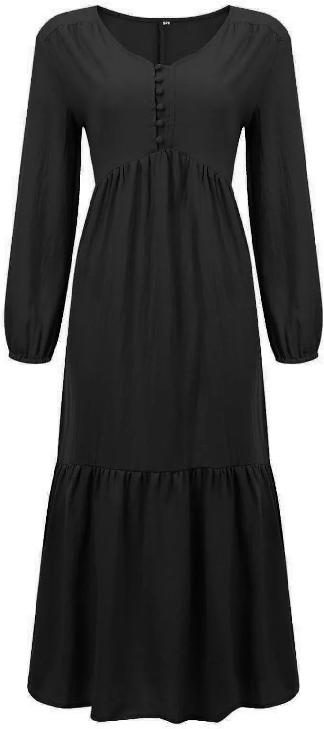 Women's Linen Maxi Dress Long Sleeve with Pockets Casual V-Neck Tiered Ruffle Dress Boho Beach Pleated Long Dress