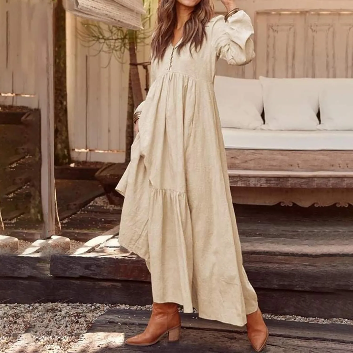 Women's Linen Maxi Dress Long Sleeve with Pockets Casual V-Neck Tiered Ruffle Dress Boho Beach Pleated Long Dress