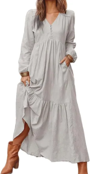 Women's Linen Maxi Dress Long Sleeve with Pockets Casual V-Neck Tiered Ruffle Dress Boho Beach Pleated Long Dress