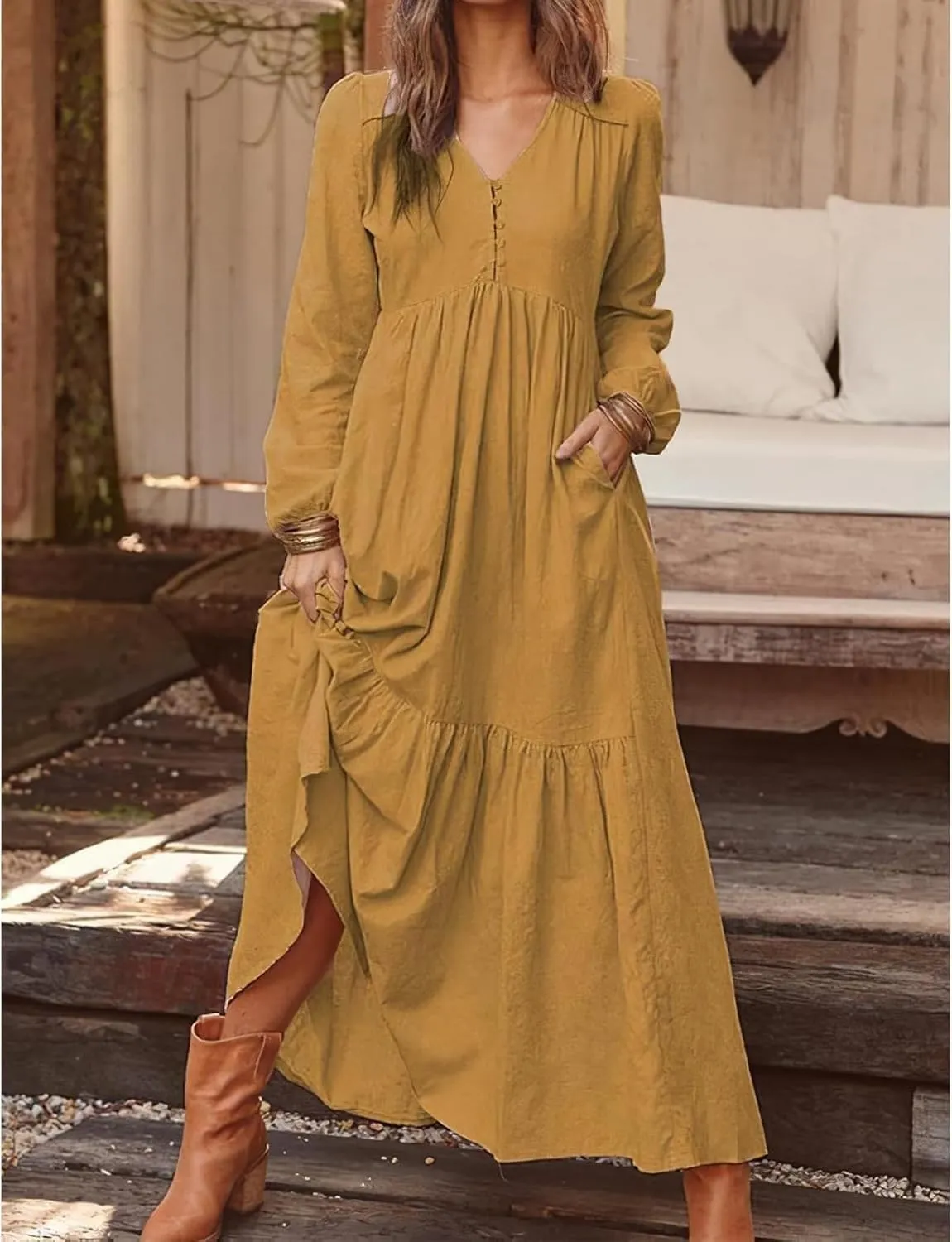 Women's Linen Maxi Dress Long Sleeve with Pockets Casual V-Neck Tiered Ruffle Dress Boho Beach Pleated Long Dress