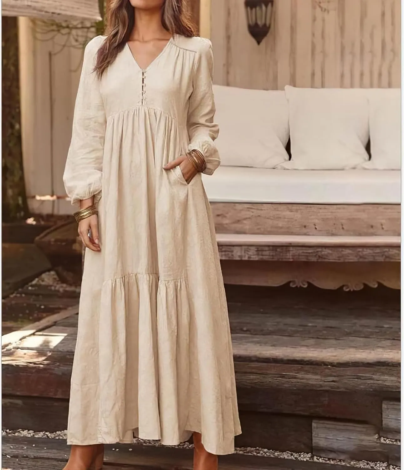 Women's Linen Maxi Dress Long Sleeve with Pockets Casual V-Neck Tiered Ruffle Dress Boho Beach Pleated Long Dress