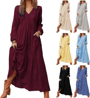 Women's Linen Maxi Dress Long Sleeve with Pockets Casual V-Neck Tiered Ruffle Dress Boho Beach Pleated Long Dress