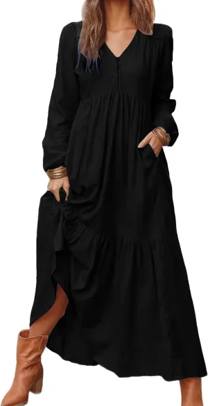 Women's Linen Maxi Dress Long Sleeve with Pockets Casual V-Neck Tiered Ruffle Dress Boho Beach Pleated Long Dress