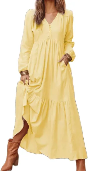 Women's Linen Maxi Dress Long Sleeve with Pockets Casual V-Neck Tiered Ruffle Dress Boho Beach Pleated Long Dress