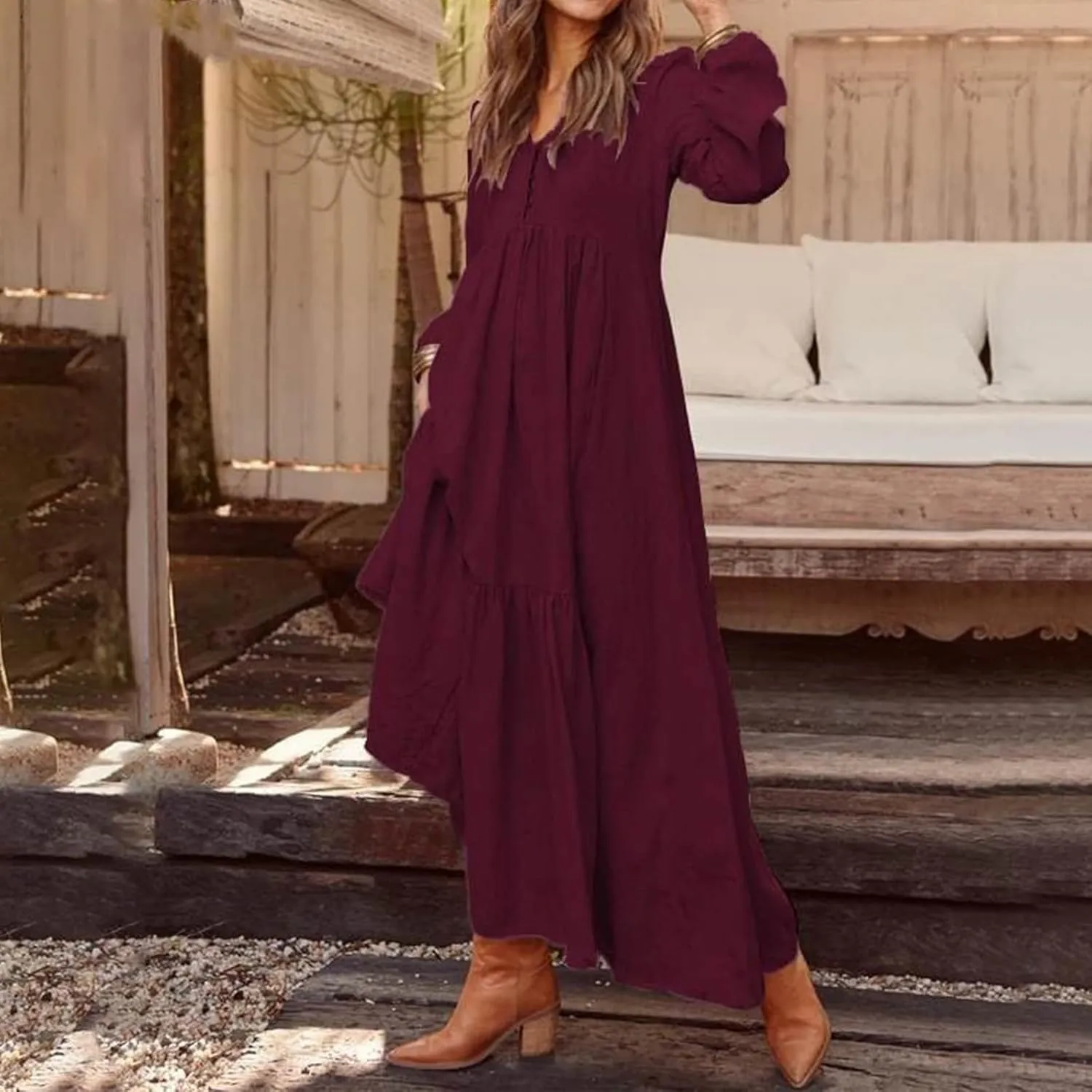 Women's Linen Maxi Dress Long Sleeve with Pockets Casual V-Neck Tiered Ruffle Dress Boho Beach Pleated Long Dress