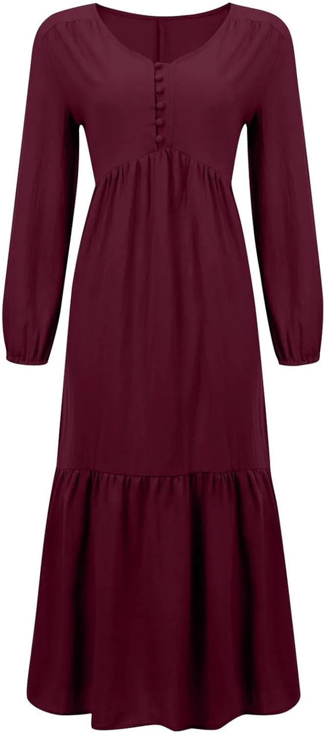 Women's Linen Maxi Dress Long Sleeve with Pockets Casual V-Neck Tiered Ruffle Dress Boho Beach Pleated Long Dress