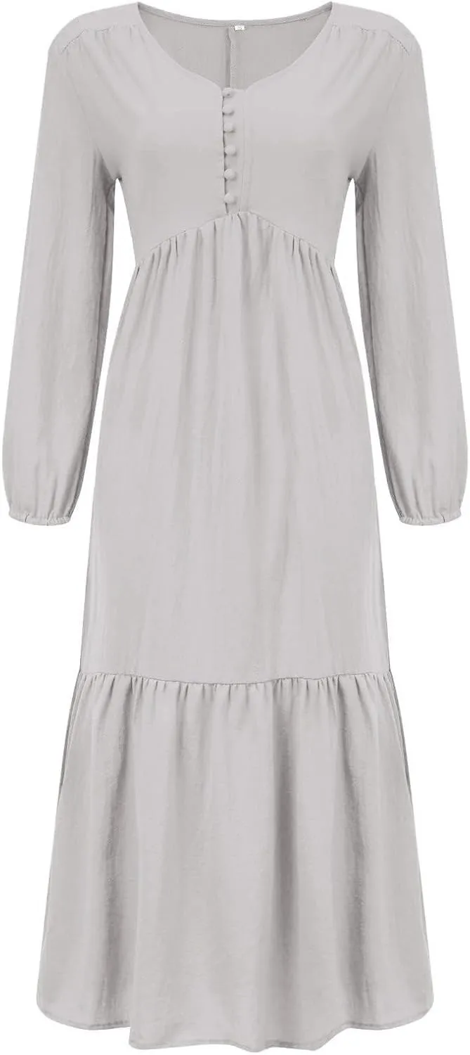 Women's Linen Maxi Dress Long Sleeve with Pockets Casual V-Neck Tiered Ruffle Dress Boho Beach Pleated Long Dress