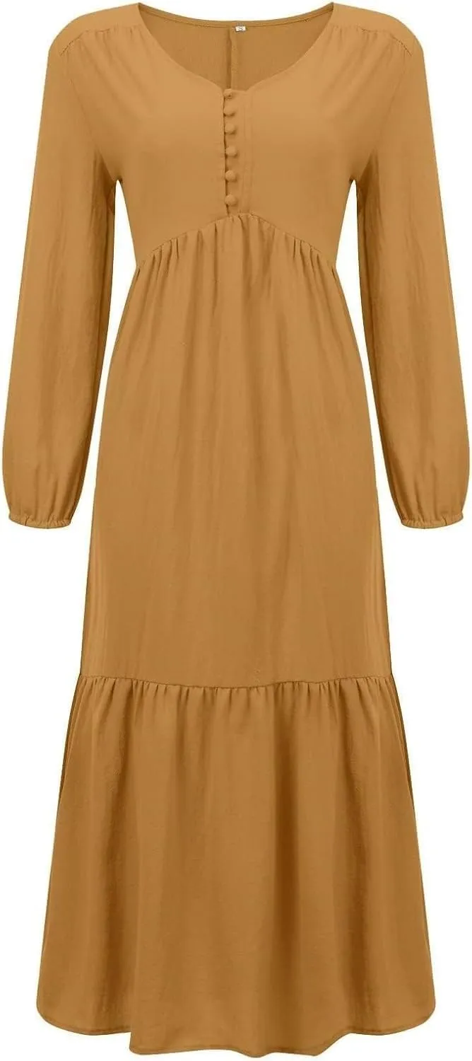 Women's Linen Maxi Dress Long Sleeve with Pockets Casual V-Neck Tiered Ruffle Dress Boho Beach Pleated Long Dress