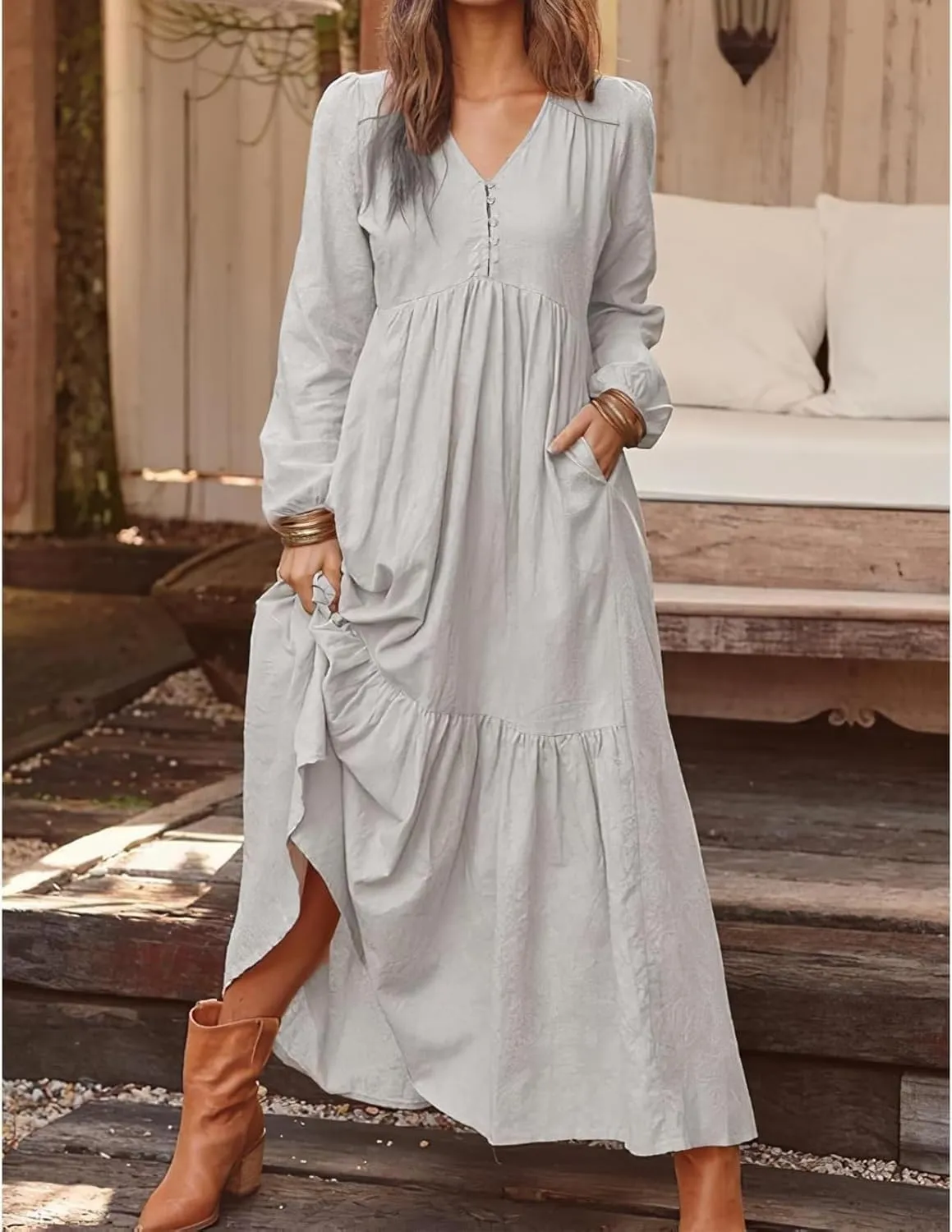 Women's Linen Maxi Dress Long Sleeve with Pockets Casual V-Neck Tiered Ruffle Dress Boho Beach Pleated Long Dress