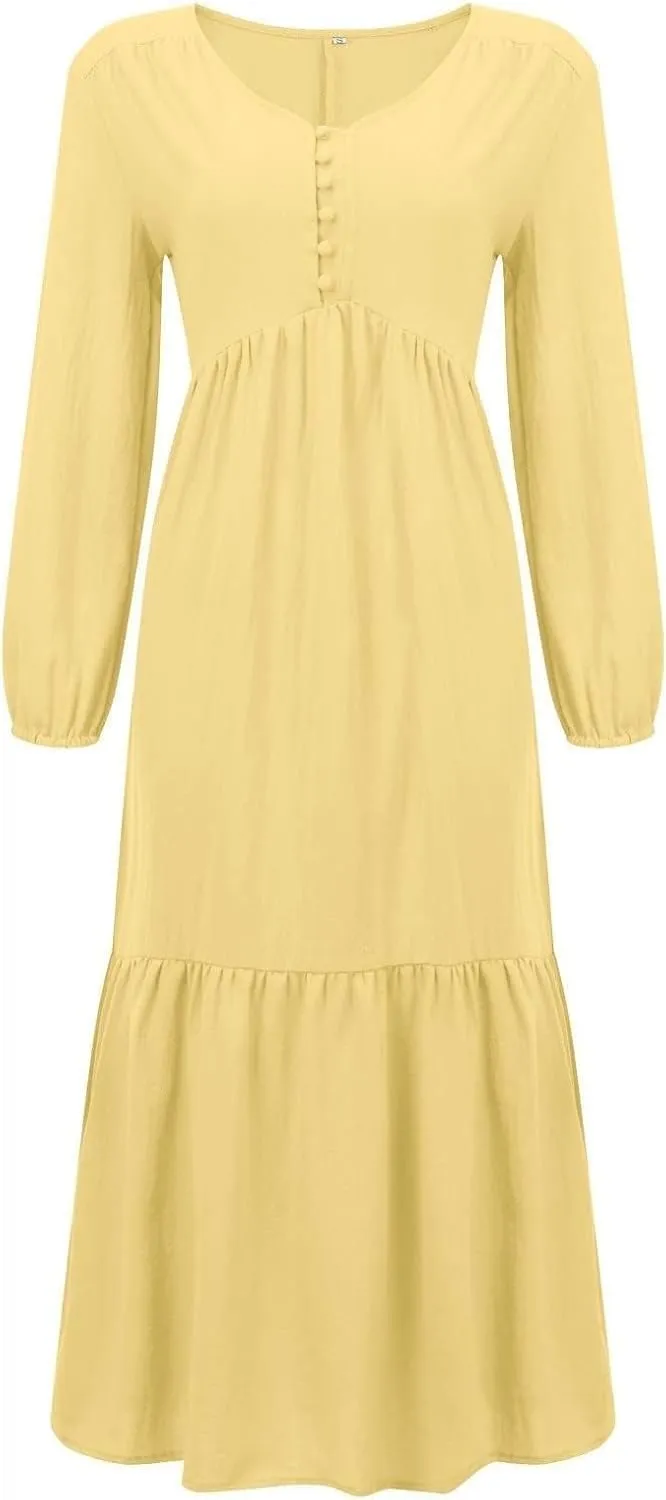 Women's Linen Maxi Dress Long Sleeve with Pockets Casual V-Neck Tiered Ruffle Dress Boho Beach Pleated Long Dress