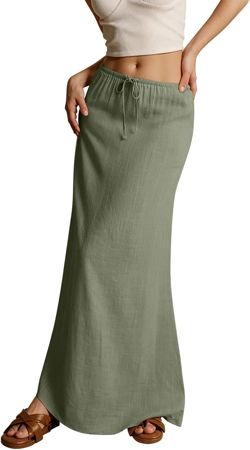 Womens Linen Maxi Skirt Drawstring Waist A Line Long Flowy Floor Length Trendy Comfy Summer Beach Vacation