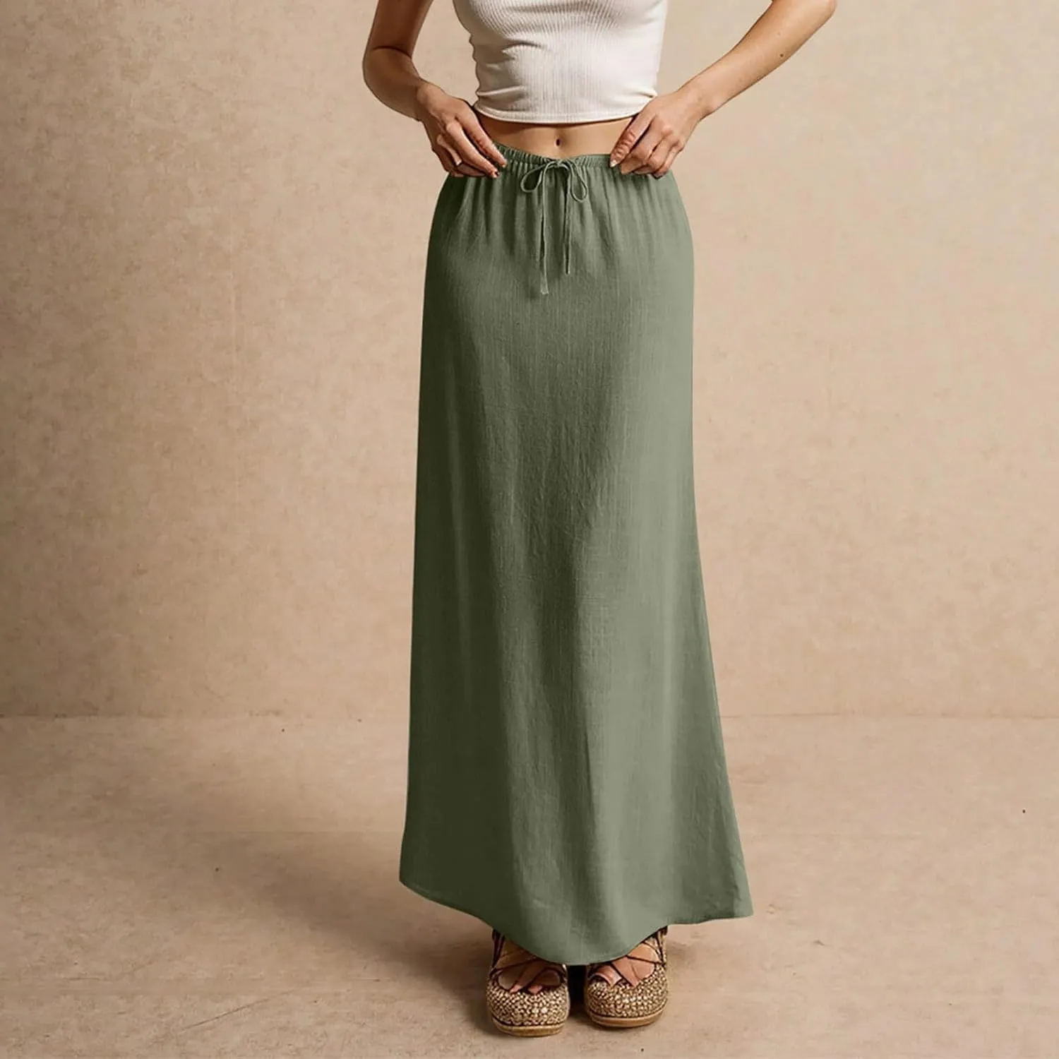 Womens Linen Maxi Skirt Drawstring Waist A Line Long Flowy Floor Length Trendy Comfy Summer Beach Vacation