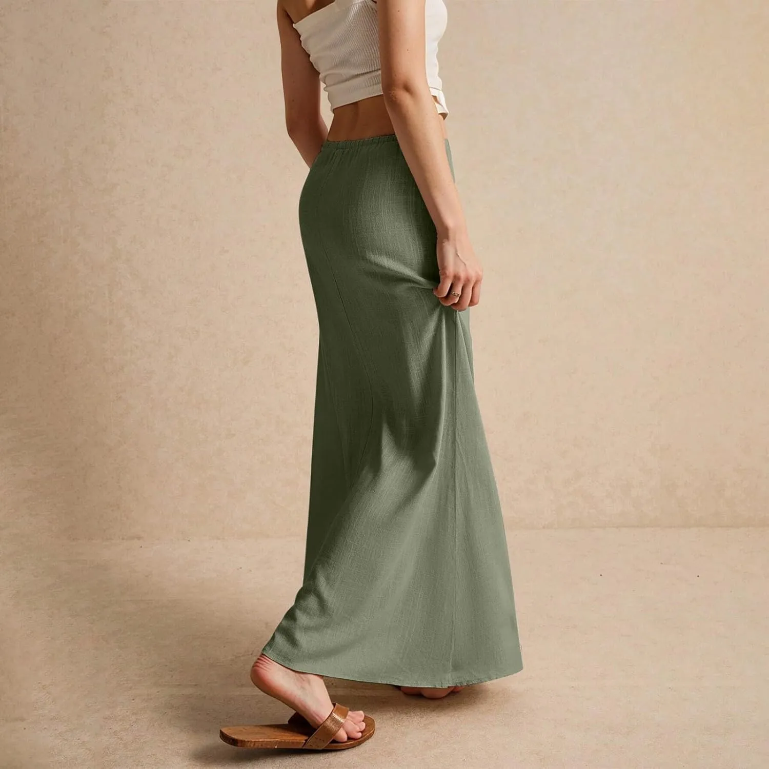 Womens Linen Maxi Skirt Drawstring Waist A Line Long Flowy Floor Length Trendy Comfy Summer Beach Vacation