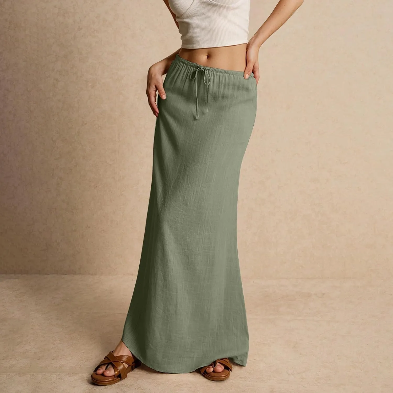 Womens Linen Maxi Skirt Drawstring Waist A Line Long Flowy Floor Length Trendy Comfy Summer Beach Vacation