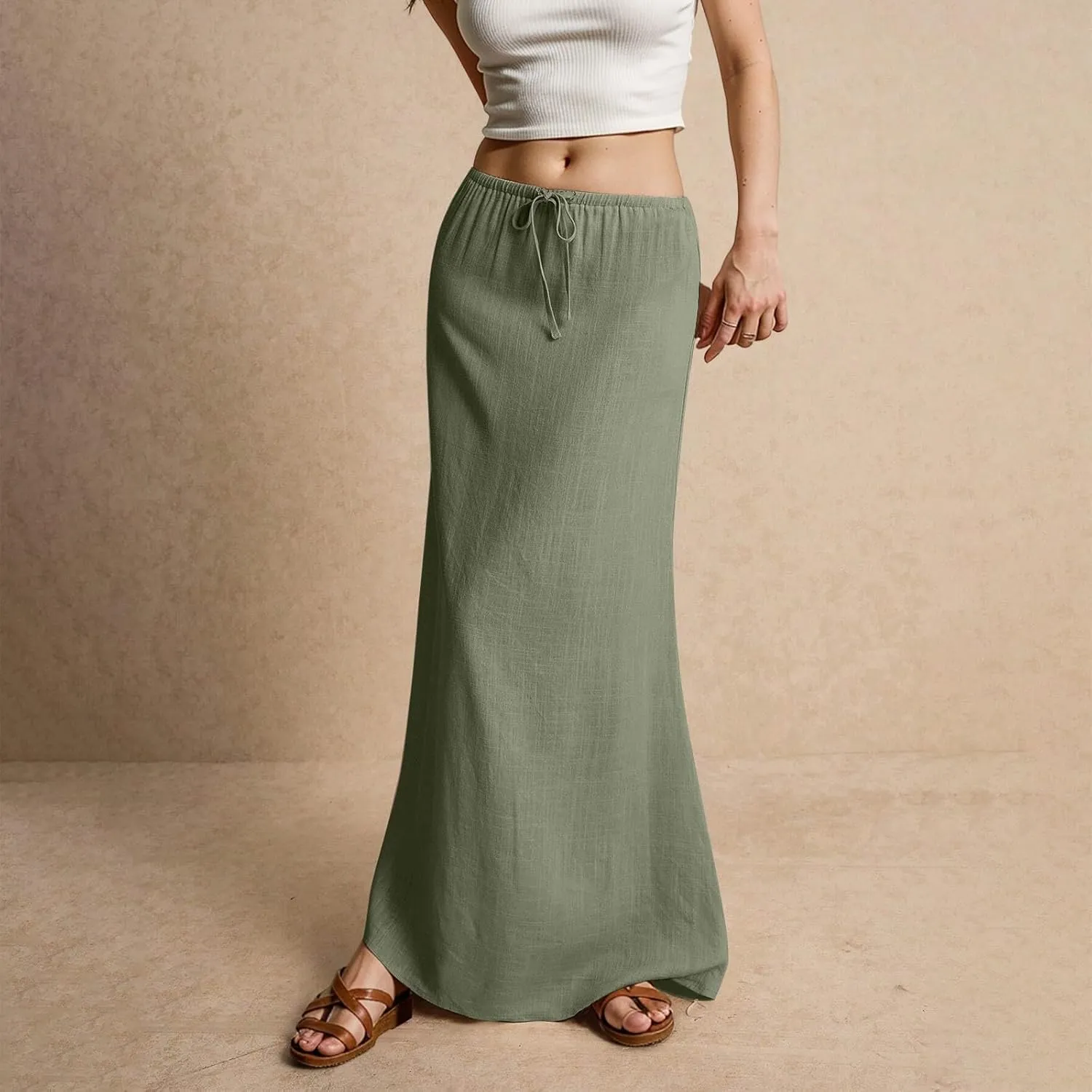 Womens Linen Maxi Skirt Drawstring Waist A Line Long Flowy Floor Length Trendy Comfy Summer Beach Vacation