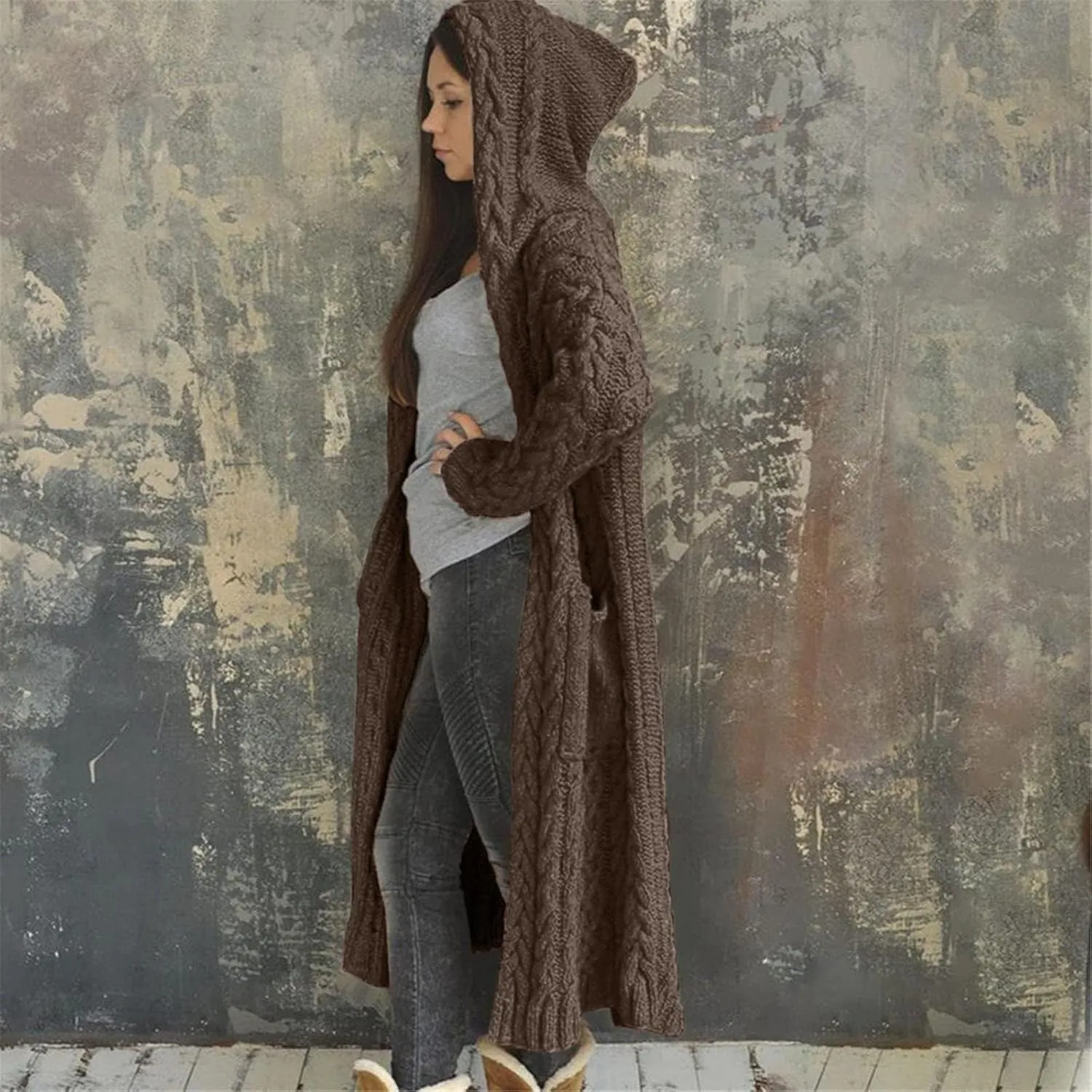 Womens Long Cable Knit Cardigan Sweaters Casual Open Front Long Sleeve Sweater Coats with Pockets