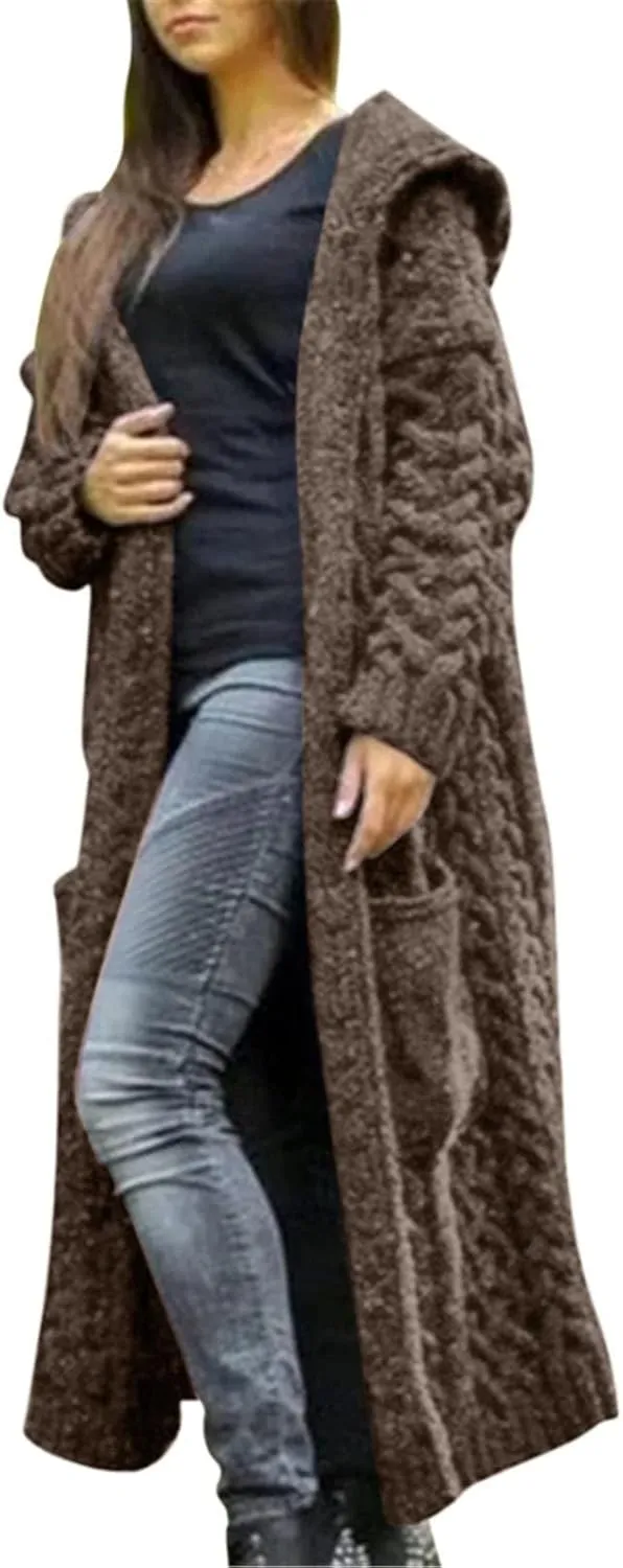 Womens Long Cable Knit Cardigan Sweaters Casual Open Front Long Sleeve Sweater Coats with Pockets