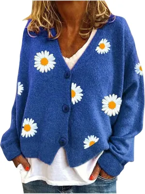 Womens Long Sleeve Button Comfy Sweater Cute Flower Graphic Cardigan Button Trendy Open Front Fall Clothes