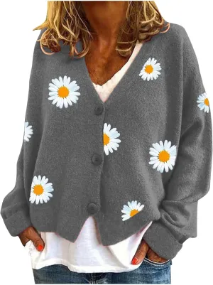Womens Long Sleeve Button Comfy Sweater Cute Flower Graphic Cardigan Button Trendy Open Front Fall Clothes