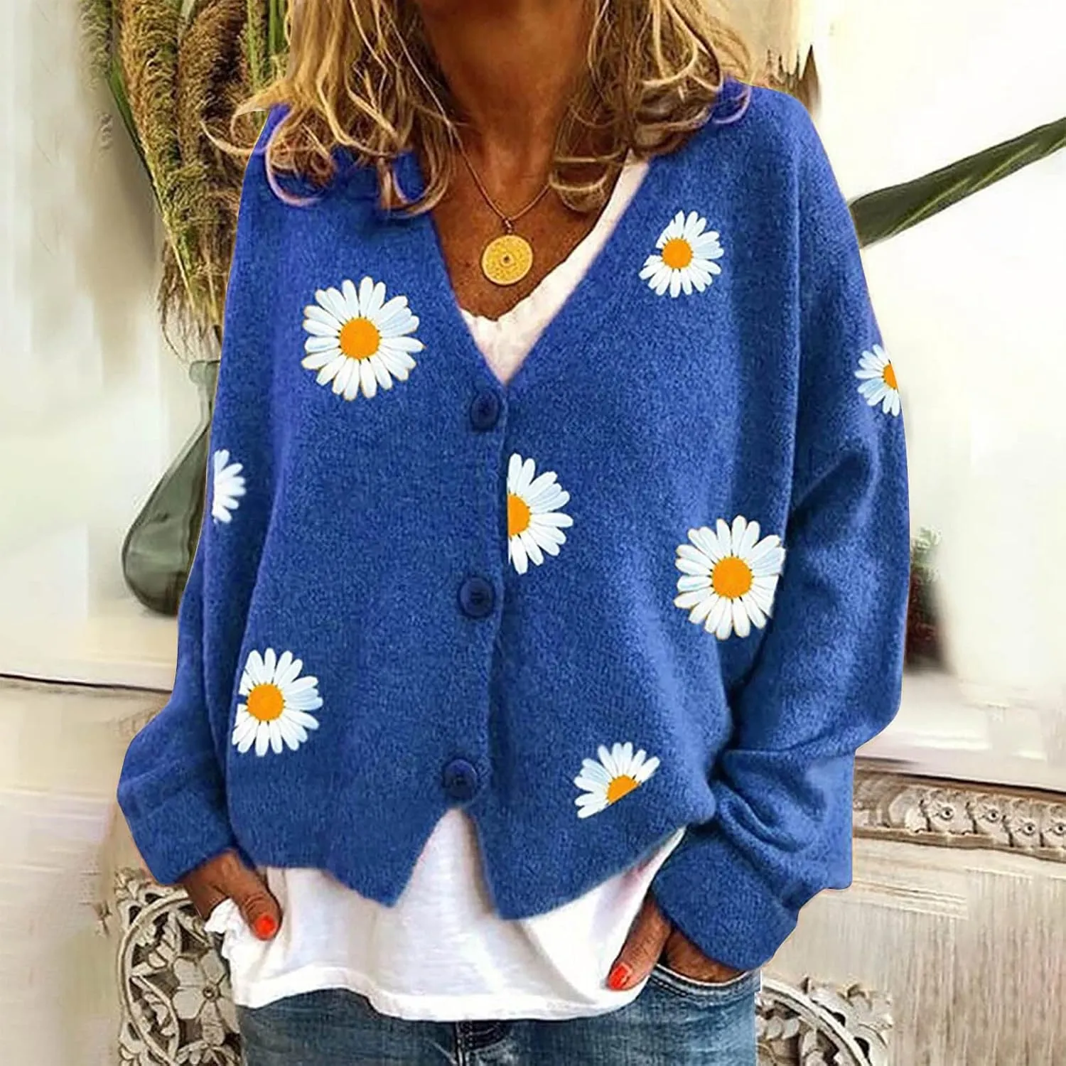 Womens Long Sleeve Button Comfy Sweater Cute Flower Graphic Cardigan Button Trendy Open Front Fall Clothes