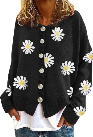 Womens Long Sleeve Button Cropped Cardigans Cute Flower Graphic Cardigan Fashion Casual Sweater Coat