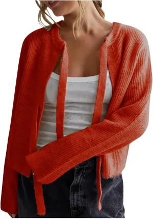 Womens Long Sleeve Cropped Cardigan Sweaters Lightweight Tie Front Chunky Knit Outwear Coat Fall Winter Outfits