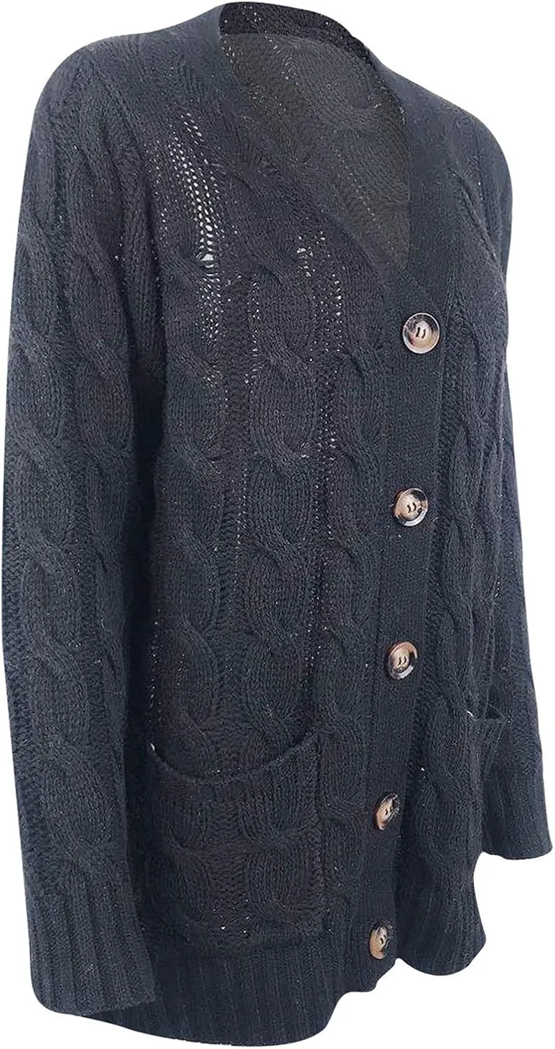 Women's Loose Cable Knit Cardigan Sweater Long Sleeve Open Front Button Down Chunky Knitwear Outerwear with Pockets