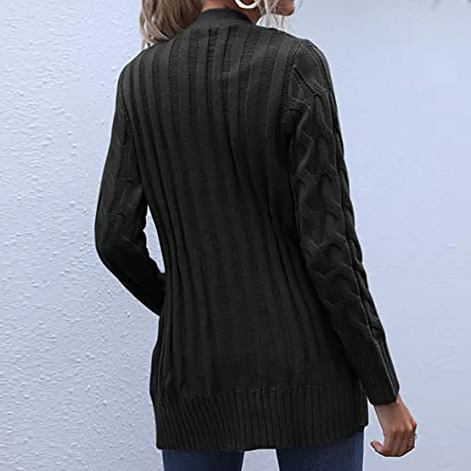 Women's Loose Cable Knit Cardigan Sweater Long Sleeve Open Front Button Down Chunky Knitwear Outerwear with Pockets