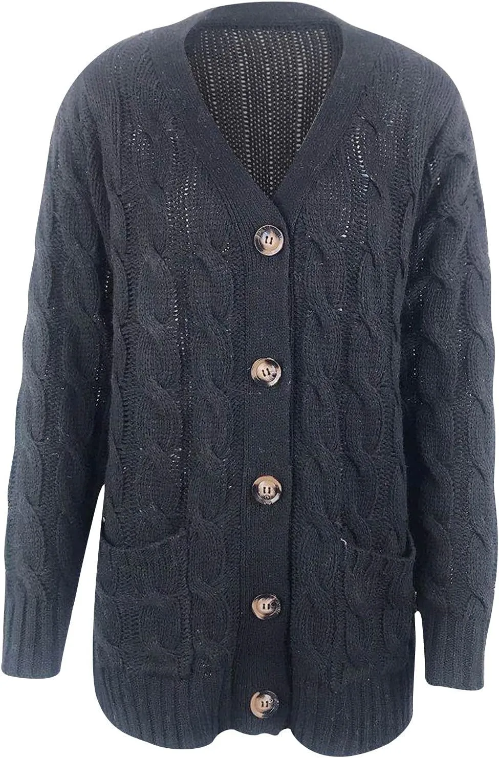 Women's Loose Cable Knit Cardigan Sweater Long Sleeve Open Front Button Down Chunky Knitwear Outerwear with Pockets