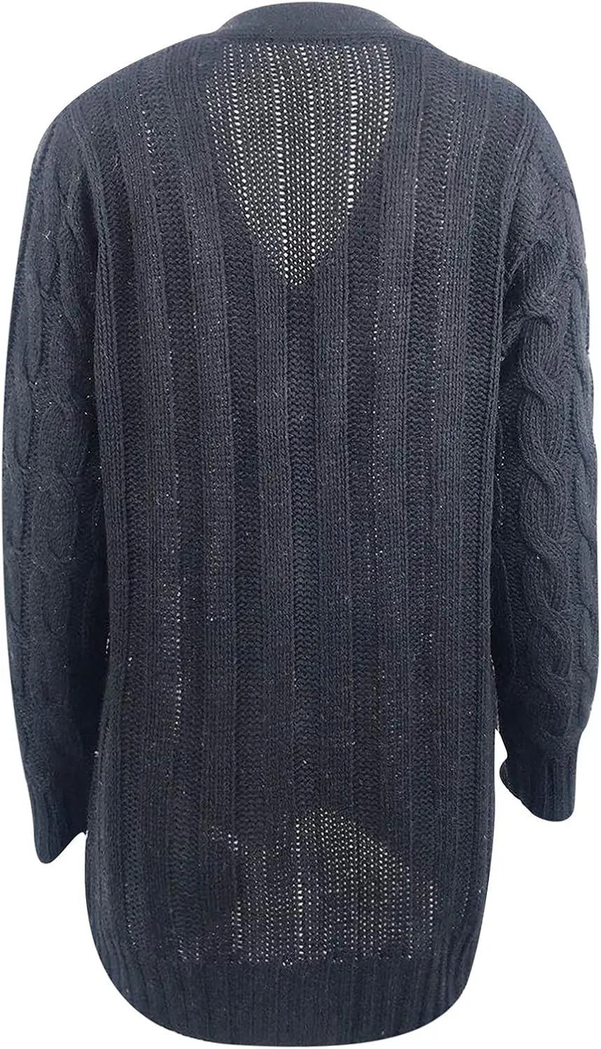Women's Loose Cable Knit Cardigan Sweater Long Sleeve Open Front Button Down Chunky Knitwear Outerwear with Pockets