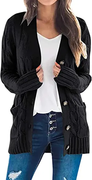 Women's Loose Cable Knit Cardigan Sweater Long Sleeve Open Front Button Down Chunky Knitwear Outerwear with Pockets