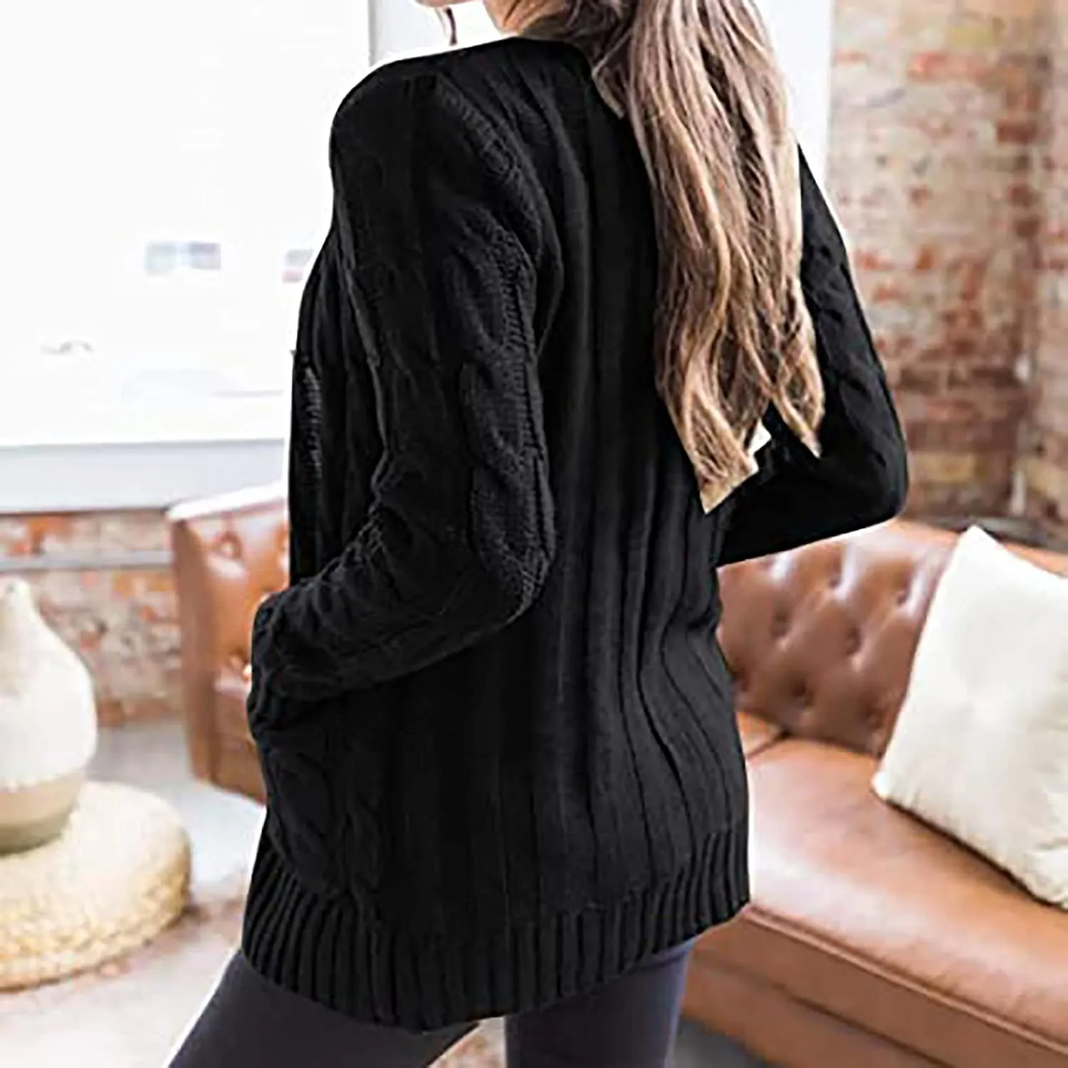 Women's Loose Cable Knit Cardigan Sweater Long Sleeve Open Front Button Down Chunky Knitwear Outerwear with Pockets
