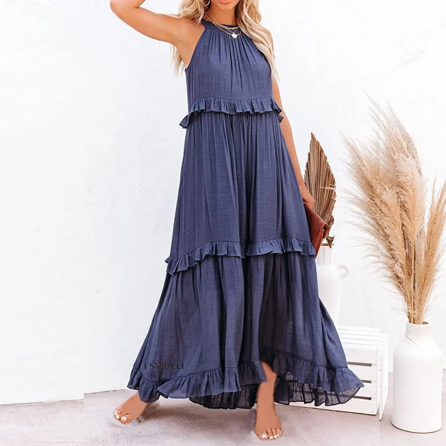 Women's Maxi Dress 2025 Spring Casual Loose Swing Boho Smocked Ruffle Sundress Halter Sleeveless Tiered Beach Dress
