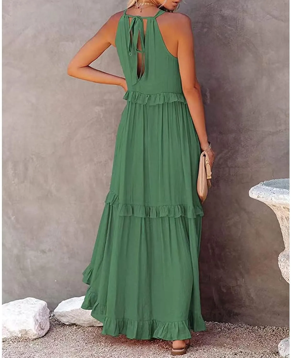 Women's Maxi Dress 2025 Spring Casual Loose Swing Boho Smocked Ruffle Sundress Halter Sleeveless Tiered Beach Dress