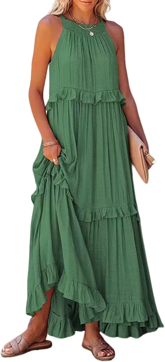Women's Maxi Dress 2025 Spring Casual Loose Swing Boho Smocked Ruffle Sundress Halter Sleeveless Tiered Beach Dress