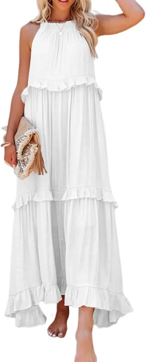 Women's Maxi Dress 2025 Spring Casual Loose Swing Boho Smocked Ruffle Sundress Halter Sleeveless Tiered Beach Dress