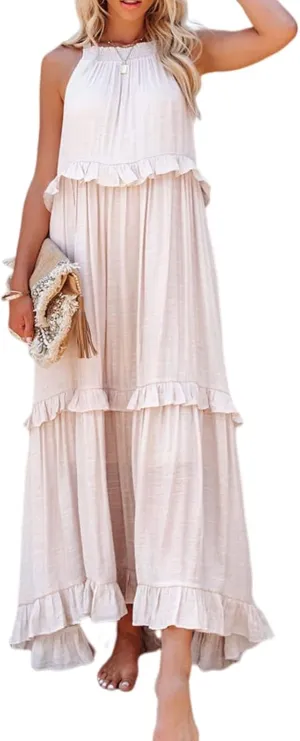 Women's Maxi Dress 2025 Spring Casual Loose Swing Boho Smocked Ruffle Sundress Halter Sleeveless Tiered Beach Dress