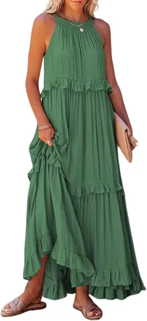Women's Maxi Dress 2025 Spring Casual Loose Swing Boho Smocked Ruffle Sundress Halter Sleeveless Tiered Beach Dress