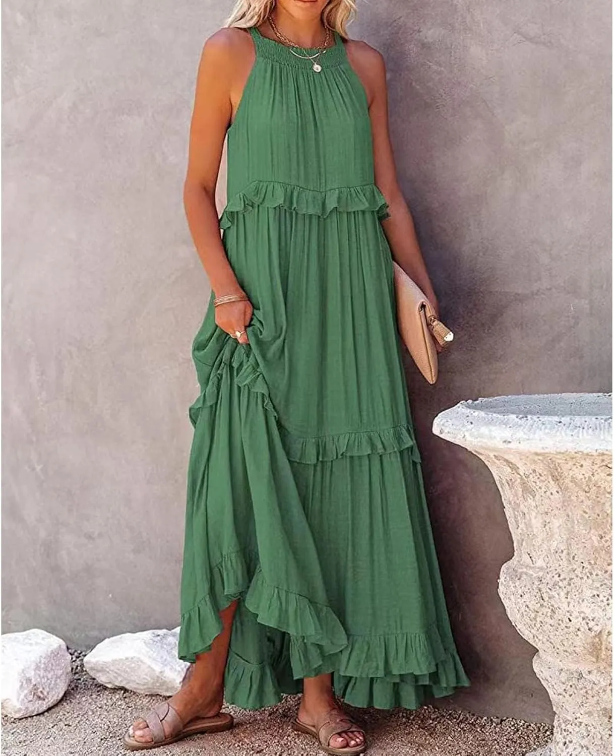 Women's Maxi Dress 2025 Spring Casual Loose Swing Boho Smocked Ruffle Sundress Halter Sleeveless Tiered Beach Dress